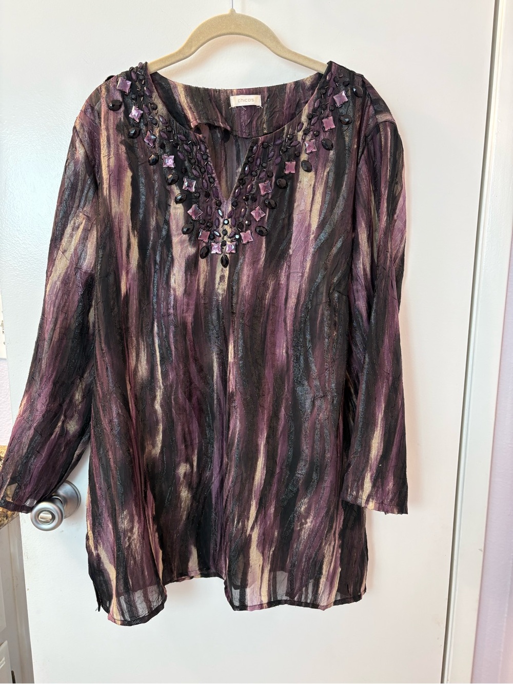 CHICOS Top Gem Embellished Tunic Purple Black Long Sleeve Metallic Sheer PTP 23